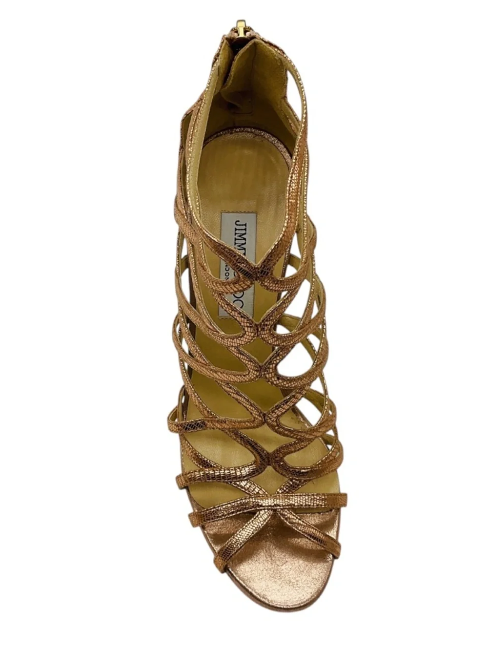 JIMMY CHOO ROSE GOLD METALLIC FIESTA LIZARD PRINT CAGED SANDALS - Picture 4 of 7